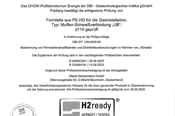 Prüfzeichenbescheinigung zur Wasserstofftauglichkeit (H2) - FRIALEN Muffen UB d110