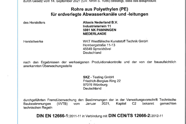 PE-HD Abfluss Übereinstimmungszertifikat Rohre DIN EN 12666 Zertifikat-Nr. 7695