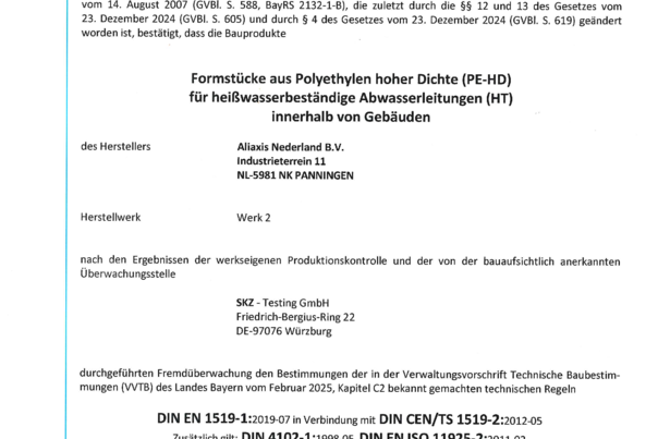 PE-HD Abfluss Übereinstimmungszertifikat Formstücke DIN EN 1519 Zertifikat-Nr. 6003