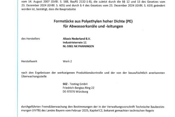 PE-HD Abfluss Übereinstimmungszertifikat Formstücke DIN EN 12666 Zertifikat-Nr. 5971 