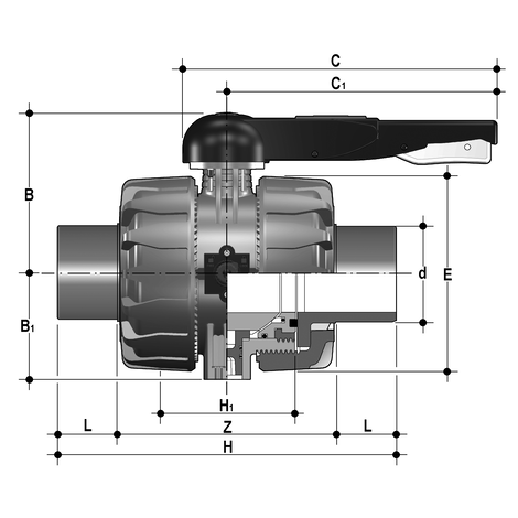 2-Wege-Kugelhahn d 75 - 110, VKD DualBlock, PVC-C, Klebestutzen
