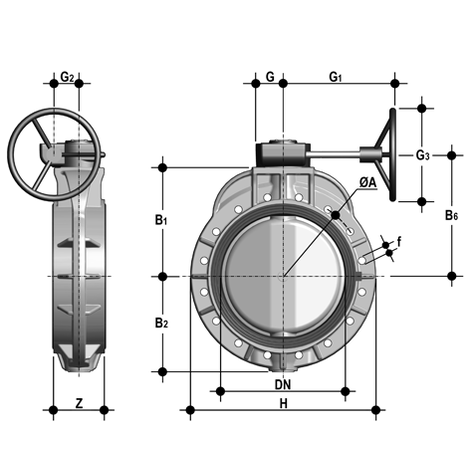 Universal-Industrie-Absperrklappe FK-BIG, PP, Handgetriebe