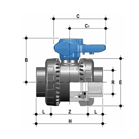 2-Wege-Kugelhahn R3/8"-2", VEE-Easyfit, PVC-U, Gewindemuffe, EPDM