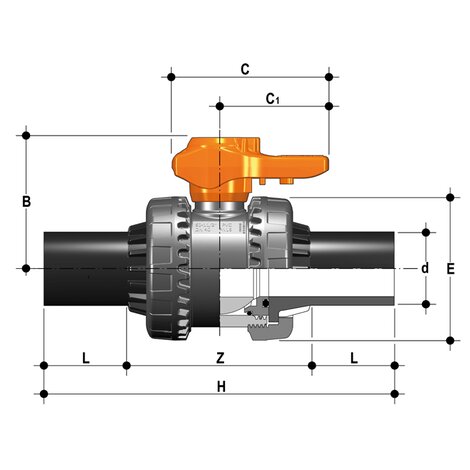 2-Wege-Kugelhahn d 20 - 63, VXE-Easyfit, PVC-U, PE100-LS-Stutzen