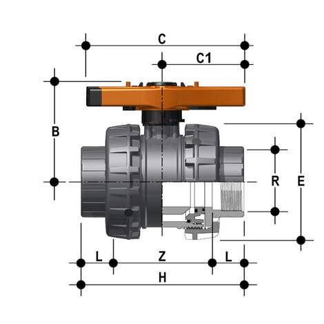 2-Wege-Kugelhahn R 2 1/2" - 4", VXE-Easyfit, PVC-U, Gewindemuffe