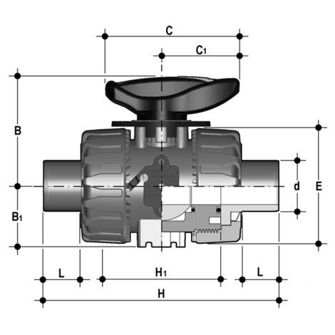 2-Wege-Regelkugelhahn d16-63, VKR DualBlock, PVC-U, Klebestutzen, EPDM 2-Wege-Regelkugelhahn d16-63, VKR DualBlock, PVC-U, Klebestutzen, EPDM