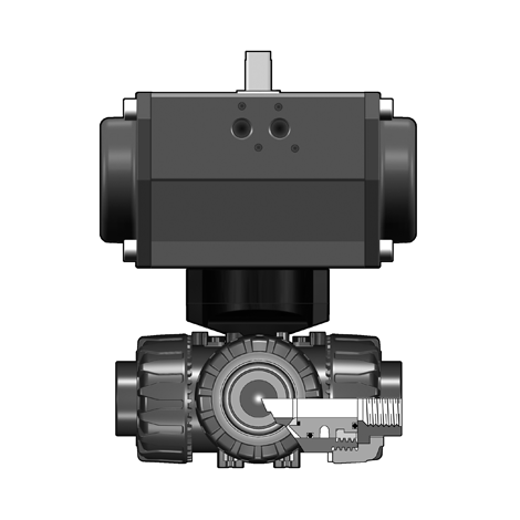 3-Wege-Kugelhahn TKD, PVC-U, R 3/8" - R 2", Gewindemuffe, T-Bohrung, SA 3-Wege-Kugelhahn TKD, PVC-U, R 3/8" - R 2", Gewindemuffe, T-Bohrung, SA