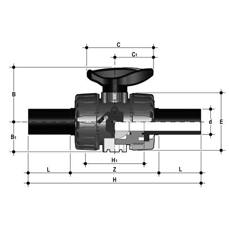 2-Wege-Kugelhahn d 20 - 63, VKD DualBlock, PP, PE100-LS-Stutzen