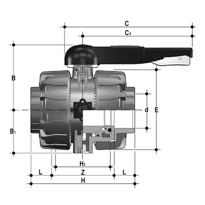 <P>2-Wege-Kugelhahn d75-110, VKD DualBlock, PVDF, Schweißmuffen, FKM</P>