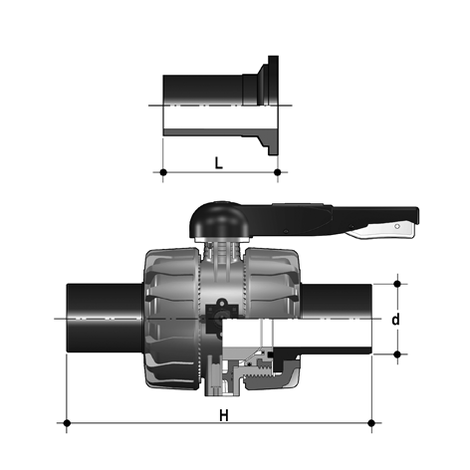 2-Wege-Kugelhahn d 75 - 110, VKD DualBlock, PP, PE100-LS-Stutzen