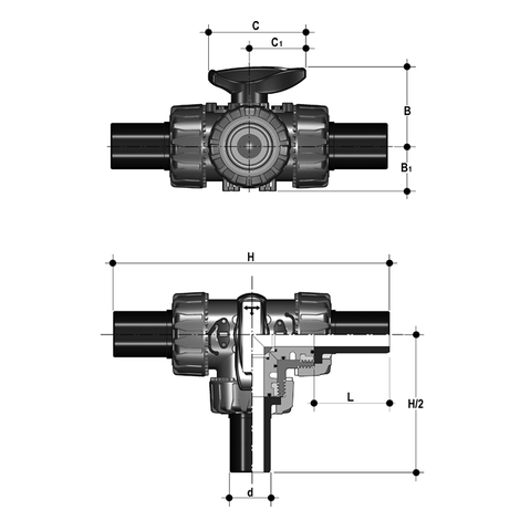 3-Wege-Kugelhahn d 20 - 63, TKD DualBlock, PVC-U, L-Bohrung, PE100-LS-Stutzen