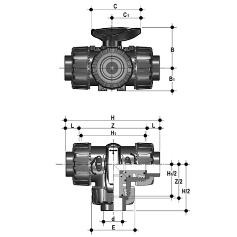 3-Wege-Kugelhahn d 20 - 63, TKD DualBlock, PP, T-Bohrung, Schweißmuffen