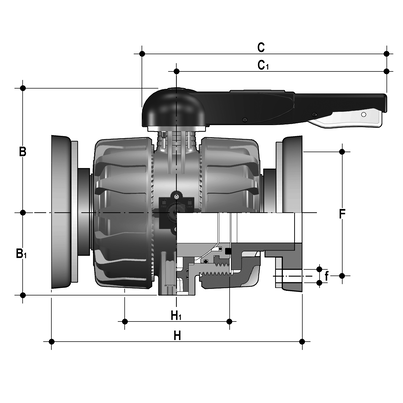 <P>2-Wege-Kugelhahn d75-110, VKD DualBlock, PVDF, Festflansch, FKM</P>