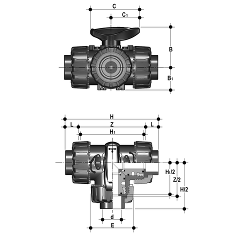 3-Wege-Kugelhahn d 20 - 63, TKD DualBlock, ABS, T-Bohrung, Klebemuffe