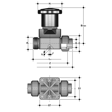 Membranventil, PVC-U, Verschraubung mit Klebemuffe