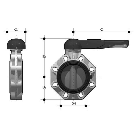 Universal-Industrie/Chemie-Absperrklappe FK, ABS, Handhebel