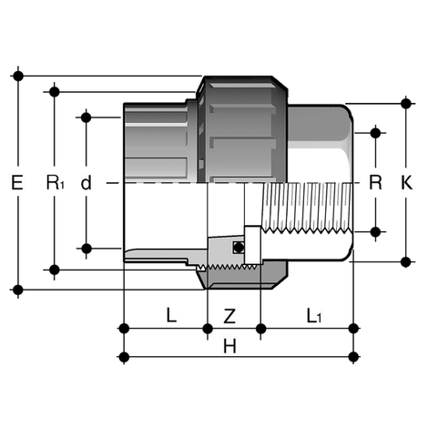 Übergangsverschraubung, PVC-U auf Edelstahl mit zylindischem Rohrinnengewinde R