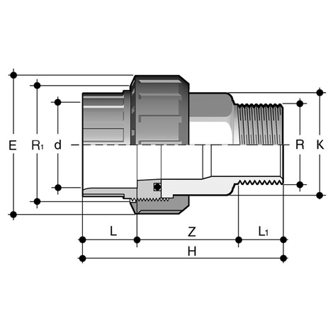 Übergangsverschraubung, PVC-U auf Edelstahl mit zylindrischem Rohraußengewinde R