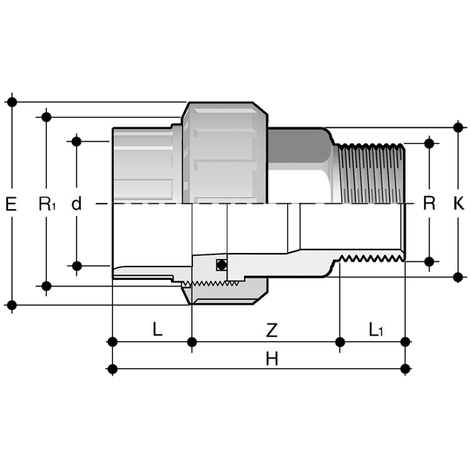 Übergangsverschraubung, PVC-C auf Edelstahl mit zylindrischem Rohraußengewinde R