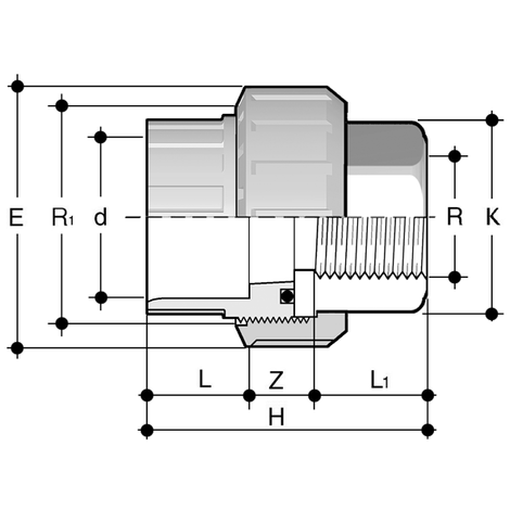 Übergangsverschraubung, PVC-C auf Edelstahl mit zylindischem Rohrinnengewinde R