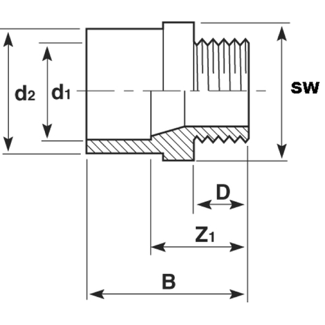 Übergangsmuffenippel, ABS, mit konischem BSP-Außengewinde