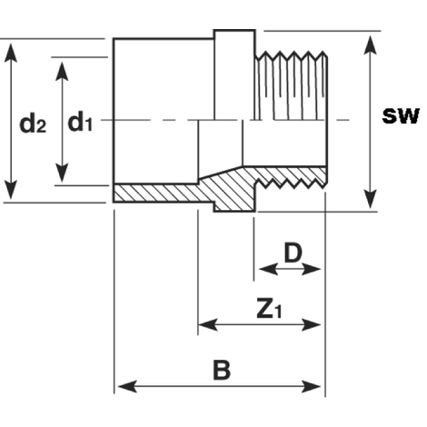 Übergangsmuffenippel, ABS, mit konischem BSP-Außengewinde
