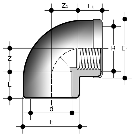 Übergangs-Winkel 90°, PVC-C, metallringverstärkt