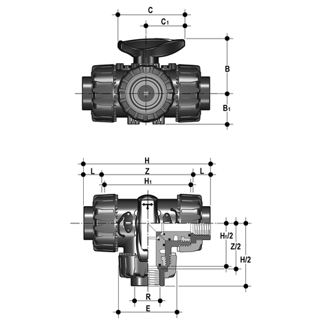 3-Wege-Kugelhahn R 1/2" - 2", TKD DualBlock, PP, T-Bohrung, Gewindemuffe