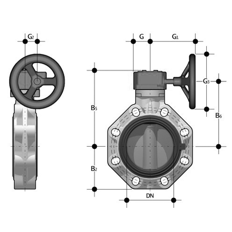 Universal-Industrie/Chemie-Absperrklappe FK, PP, Handgetriebe