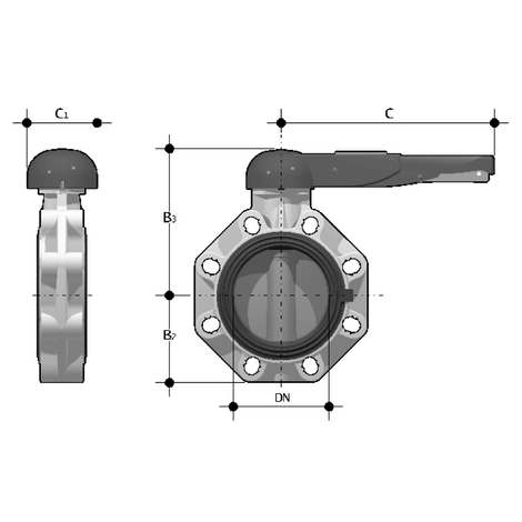 Universal-Industrie/Chemie-Absperrklappe FK, PVDF, Handhebel