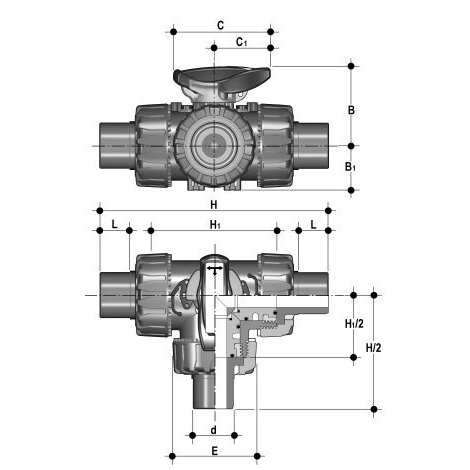 3-Wege-Kugelhahn d 16 - 63, TKD DualBlock, PVC-U, T-Bohrung, Klebestutzen