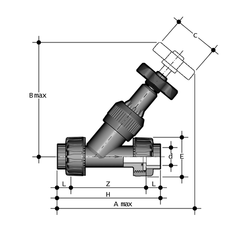 Schrägsitzabsperrventil, PVC-U, Verschraubung mit PE100-LS Stutzen, SDR 11