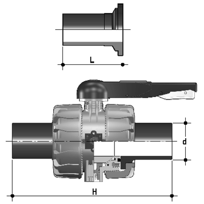 <P>2-Wege-Kugelhahn d75-110, VKD DualBlock, PVDF, PVDF-LS-Stutzen, FKM</P>