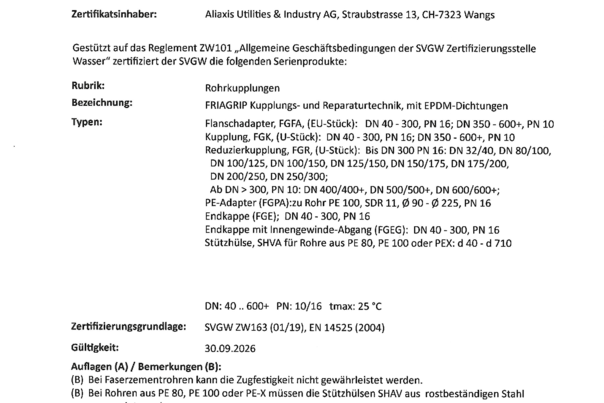 SVGW-Zulassung FRIAGRIP – gültig bis 30.09.2026