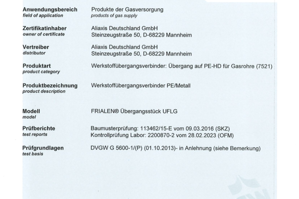 DVGW - Produkt Zertifikat