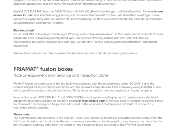 FRIAMAT fusion boxes - Note on equipment maintenance and inspection plate