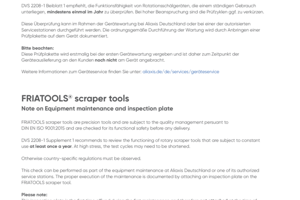 FRIATOOLS scraper tools - Note on Equipment maintenance and inspection plate