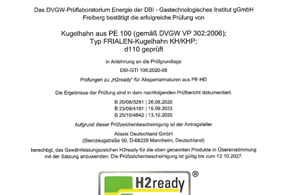 Prüfzeichenbescheinigung zur Wasserstofftauglichkeit (H2) - FRIALEN Kugelhahn KH d110