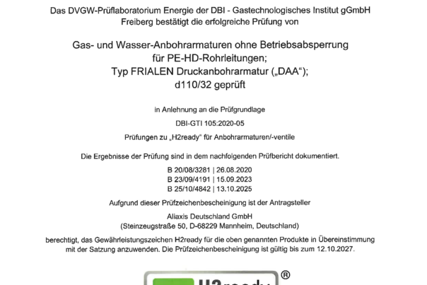 Prüfzeichenbescheinigung zur Wasserstofftauglichkeit (H2) - FRIALEN Druckanbohrarmatur DAA d110/63