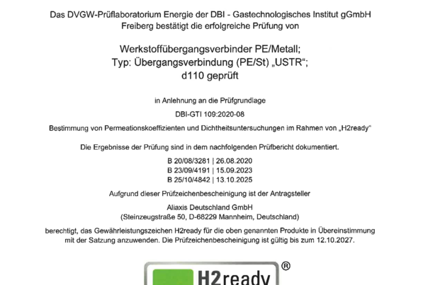 Prüfzeichenbescheinigung zur Wasserstofftauglichkeit (H2) - FRIALEN Übergangsstücke PE-HD/Stahl USTR d110