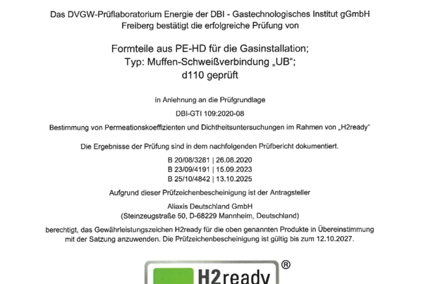 Prüfzeichenbescheinigung zur Wasserstofftauglichkeit (H2) - FRIALEN Muffen UB d110