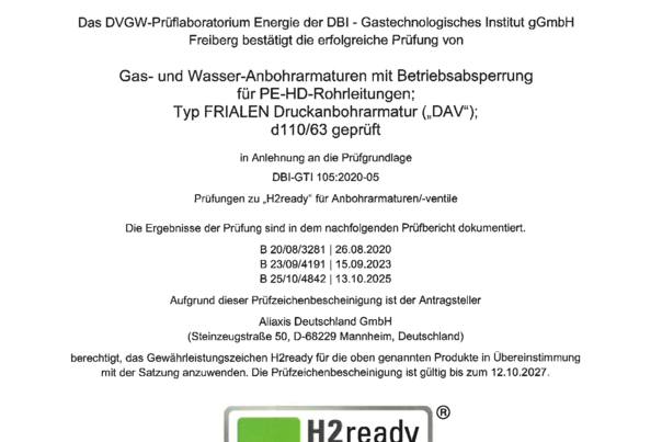 Prüfzeichenbescheinigung zur Wasserstofftauglichkeit (H2) - FRIALEN Druckanbohrventil DAV d110/63