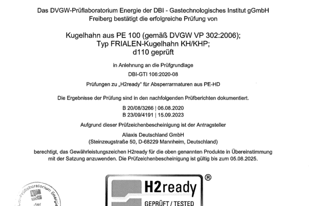 Prüfzeichenbescheinigung zur Wasserstofftauglichkeit (H2) - FRIALEN Kugelhahn KH d110