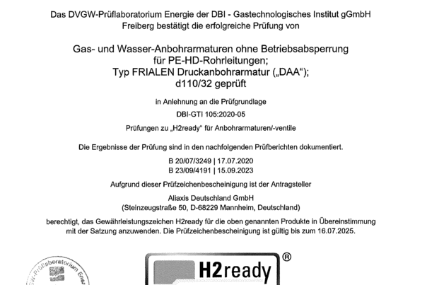 Prüfzeichenbescheinigung zur Wasserstofftauglichkeit (H2) - FRIALEN Druckanbohrarmatur DAA d110/63