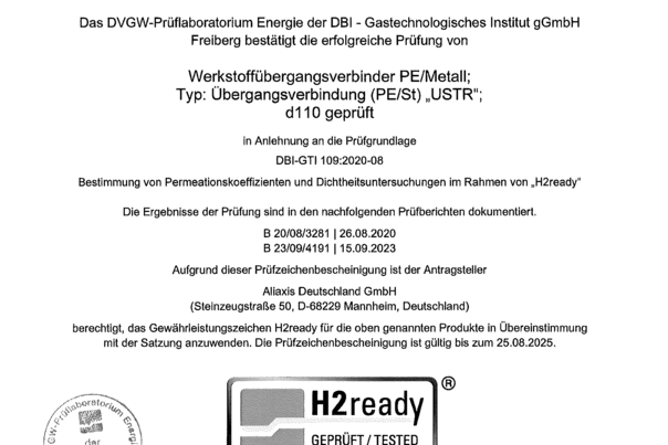 Prüfzeichenbescheinigung zur Wasserstofftauglichkeit (H2) - FRIALEN Übergangsstücke PE-HD/Stahl USTR d110
