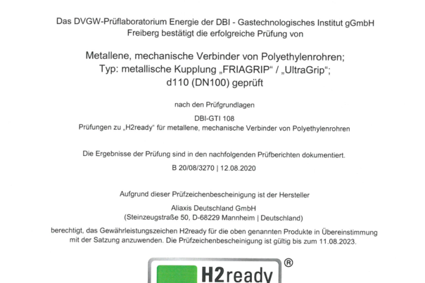 Prüfzeichenbescheinigung zur Wasserstofftauglichkeit (H2) - FRIAGRIP UltraGrip d110