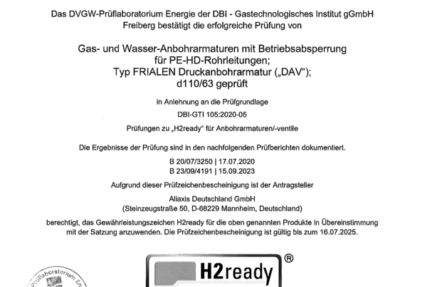 Prüfzeichenbescheinigung zur Wasserstofftauglichkeit (H2) - FRIALEN Druckanbohrventil DAV d110/63