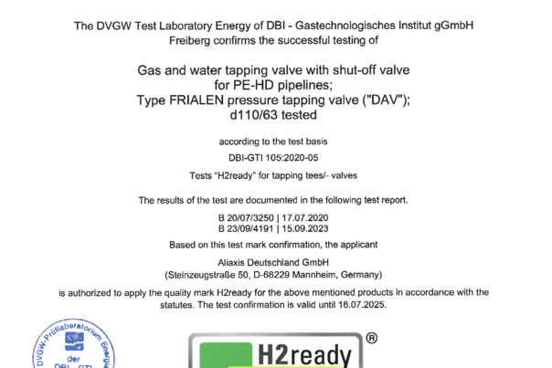 Test Confirmation on Hydrogen Suitability Electro fusion gas and water tapping valves (DAV)