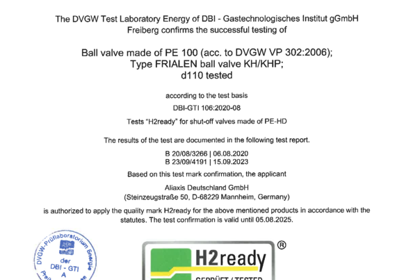 Test Confirmation on Hydrogen Suitability Ball vale made of PE 100 (KH)